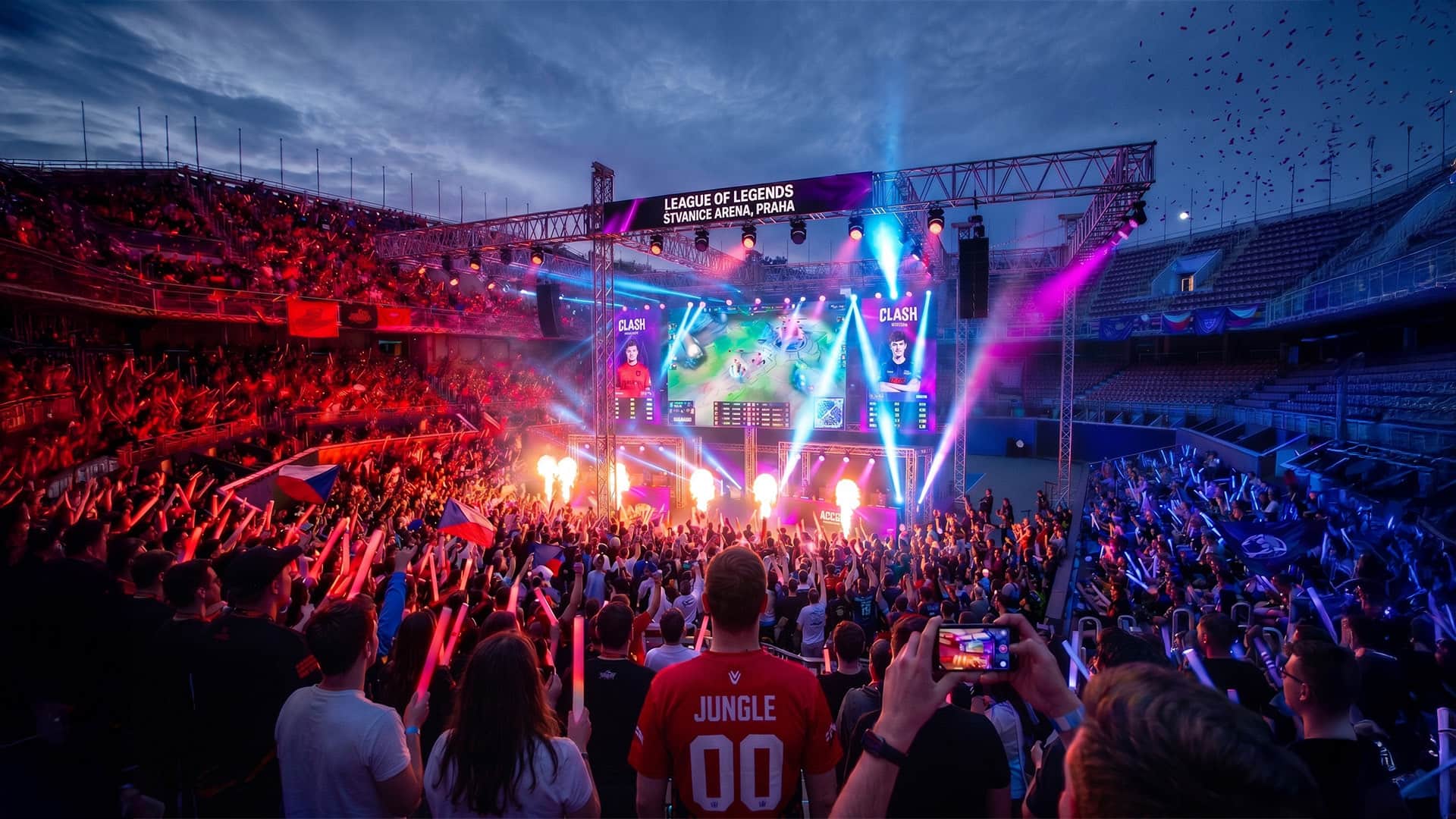 Narvané ochozy Štvanice a nasvícená hlavní stage během Streamers Clash
